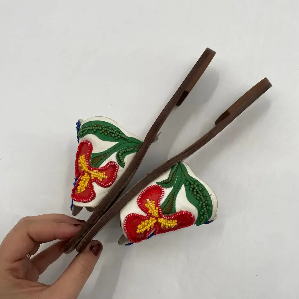 Tory Burch Multicolor Beads Embroidered Leather Bianca Slides Sandals